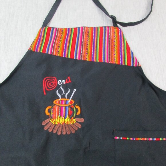 Peru Peruvian Design Kitchen Apron Black Chest Pocket Lightweight Neck Strap - Picture 2 of 7